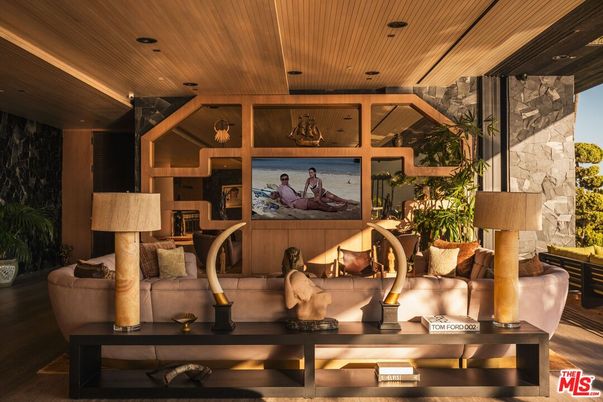 Fireplace, Interior, Living room, Recessed Lighting, Stone Walls, Wooden Ceilings, Wood Texture Flooring