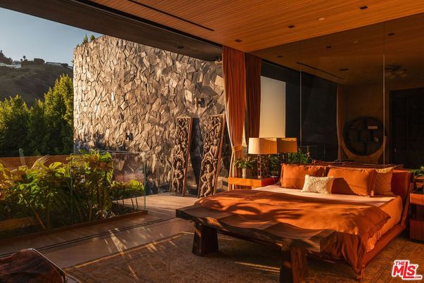 Bedroom, Interior, Recessed Lighting, Stone Walls, Wooden Ceilings