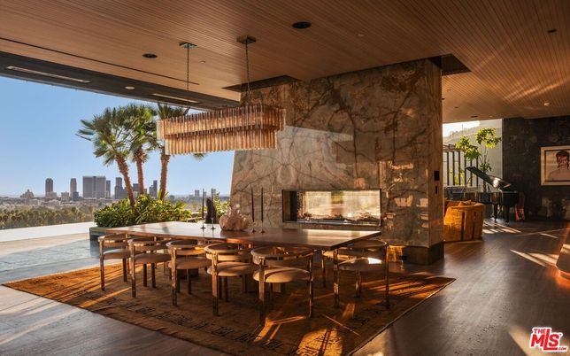 Chandelier, Dining room, Fireplace, Interior, Pendant Lights, Piano, Recessed Lighting, Wooden Ceilings, Wood Texture Flooring