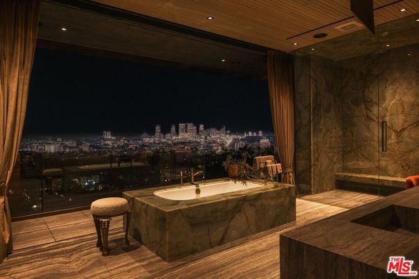 Bathroom, Interior, Marble Walls, Recessed Lighting, Wooden Ceilings, Wood Texture Flooring