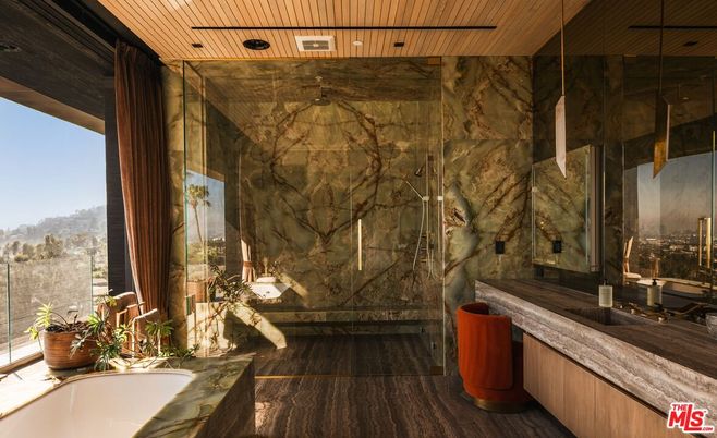 Bathroom, Glass Shower, Interior, Marble Walls, Wood Texture Flooring