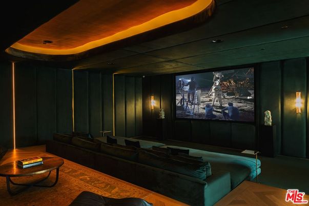 Interior, Projection Screen, Recessed Lighting, Theatre Room, Wood Texture Flooring
