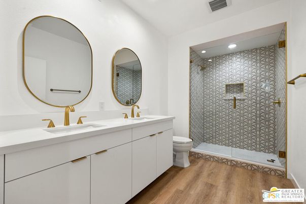 Bathroom, Dual Sink Vanities, Interior, Recessed Lighting, Wood Texture Flooring