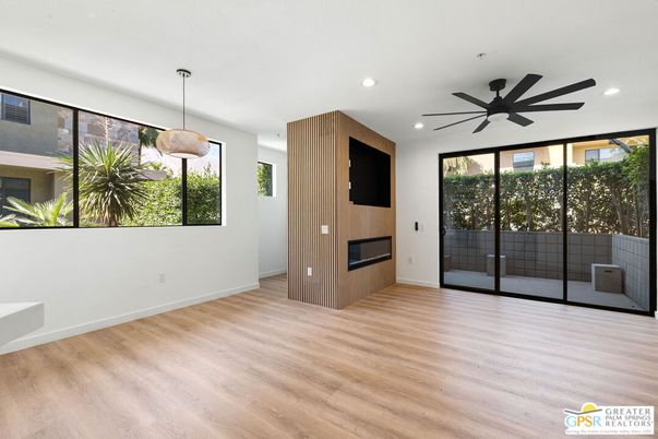 Empty room, Fireplace, Interior, Pendant Lights, Recessed Lighting, Wood Texture Flooring