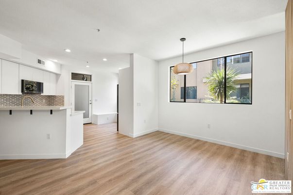 Empty room, Interior, Kitchen, Pendant Lights, Recessed Lighting, Wood Texture Flooring
