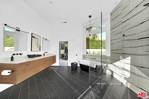 Bathroom, Dual Sink Vanities, Free Standing Baths, Interior, Pendant Lights, Recessed Lighting, Wood Texture Flooring