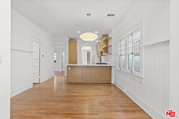 Interior, Kitchen, Pendant Lights, Recessed Lighting, Wood Texture Flooring