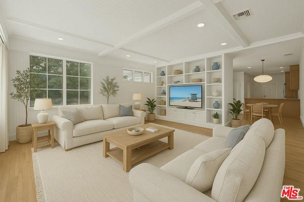 Dining room, Interior, Living room, Pendant Lights, Recessed Lighting, Wood Texture Flooring
