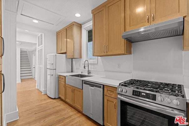 Interior, Kitchen, Recessed Lighting, Stainless Steel Appliances, Wood Texture Flooring
