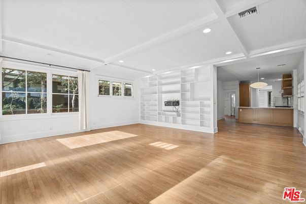 Empty room, Interior, Kitchen, Pendant Lights, Recessed Lighting, Wood Texture Flooring