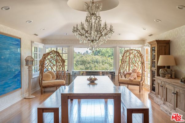 Chandelier, Home Office, Interior, Recessed Lighting, Wood Texture Flooring