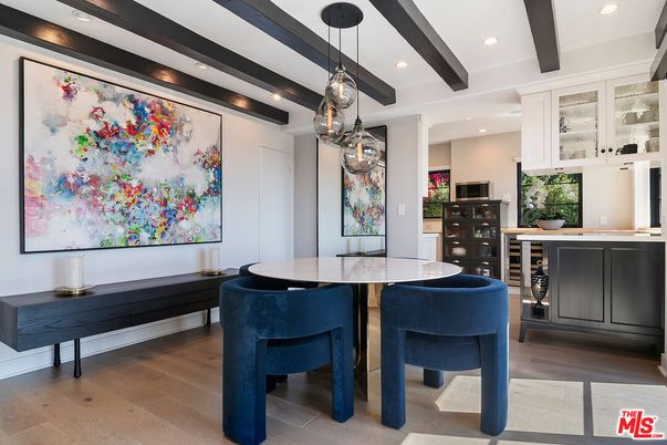 Dining room, Interior, Pendant Lights, Recessed Lighting, Wooden Beams, Wood Texture Flooring