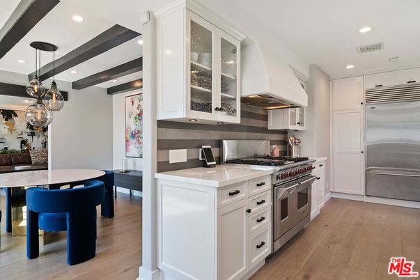 Interior, Kitchen, Pendant Lights, Recessed Lighting, Stainless Steel Appliances, Wooden Beams, Wood Texture Flooring
