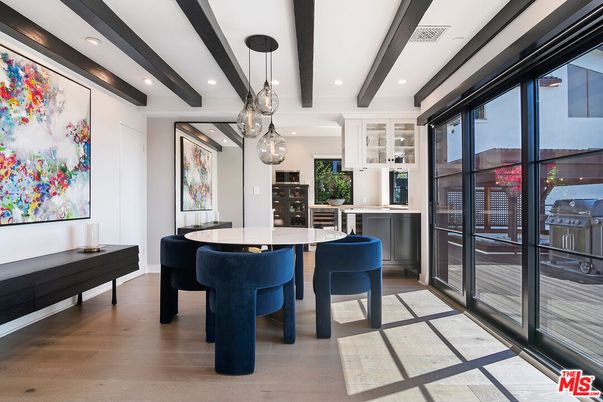 Dining room, Interior, Kitchen, Pendant Lights, Recessed Lighting, Wooden Beams, Wood Texture Flooring