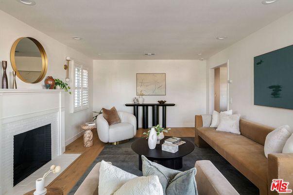 Fireplace, Interior, Living room, Recessed Lighting, Wood Texture Flooring