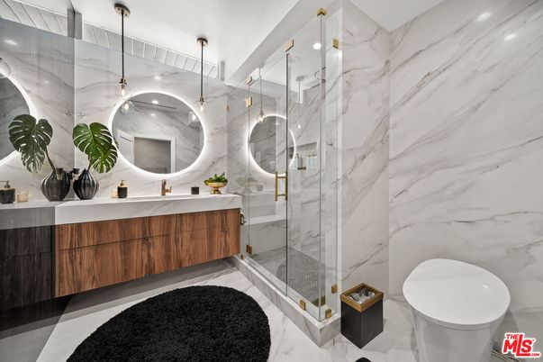 Bathroom, Glass Shower, Interior, Marble, Marble Walls, Pendant Lights
