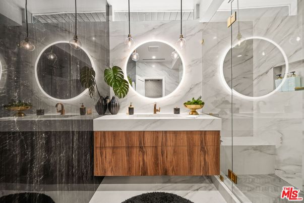 Bathroom, Dual Sink Vanities, Glass Shower, Interior, Marble, Marble Walls, Pendant Lights