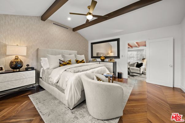 Bedroom, Interior, Recessed Lighting, Wooden Beams, Wood Texture Flooring