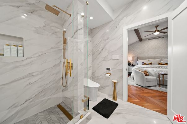 Bathroom, Bedroom, Glass Shower, Interior, Marble, Marble Walls, Recessed Lighting, Wood Texture Flooring