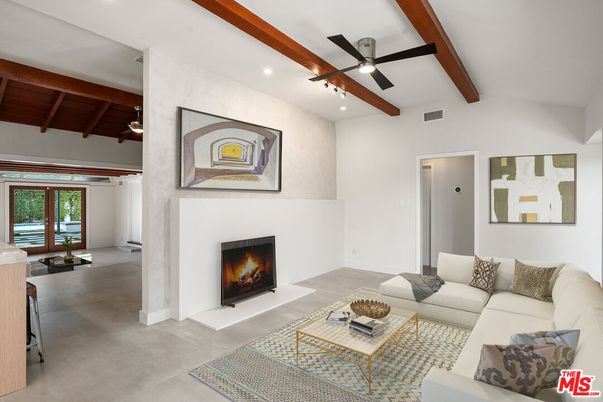 Fireplace, Interior, Living room, Recessed Lighting, Wooden Beams, Wooden Ceilings