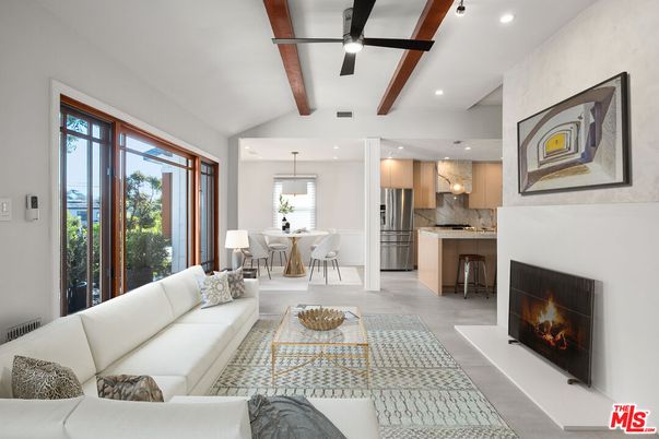 Dining room, Interior, Kitchen, Living room, Pendant Lights, Recessed Lighting, Stainless Steel Appliances, Wooden Beams