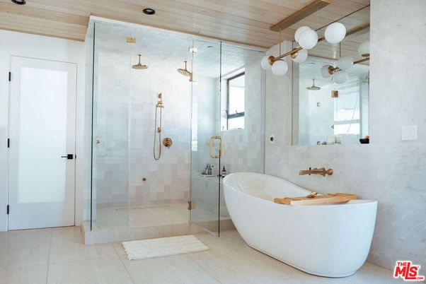 Bathroom, Free Standing Baths, Glass Shower, Interior, Pendant Lights, Wooden Ceilings