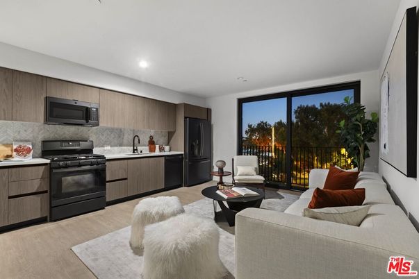 Interior, Kitchen, Living room, Recessed Lighting, Stainless Steel Appliances, Wood Texture Flooring