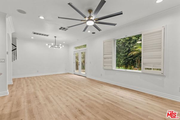 Empty room, Interior, Pendant Lights, Recessed Lighting, Wood Texture Flooring