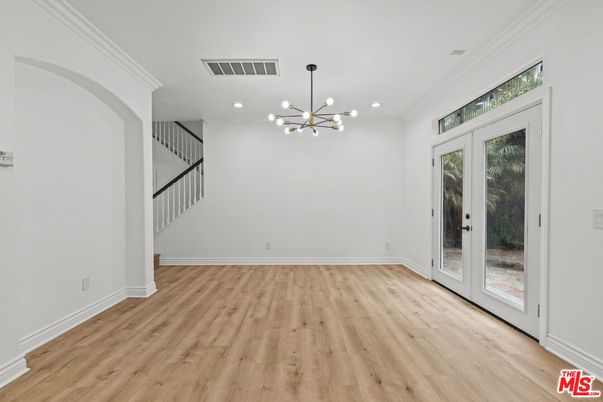 Empty room, Interior, Pendant Lights, Recessed Lighting, Wood Texture Flooring