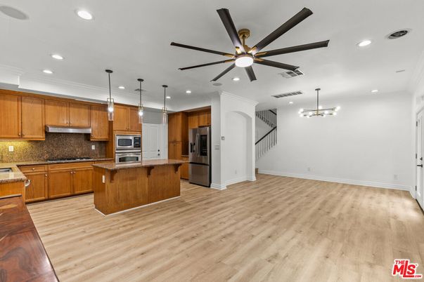 Interior, Kitchen, Pendant Lights, Recessed Lighting, Stainless Steel Appliances, Wood Texture Flooring