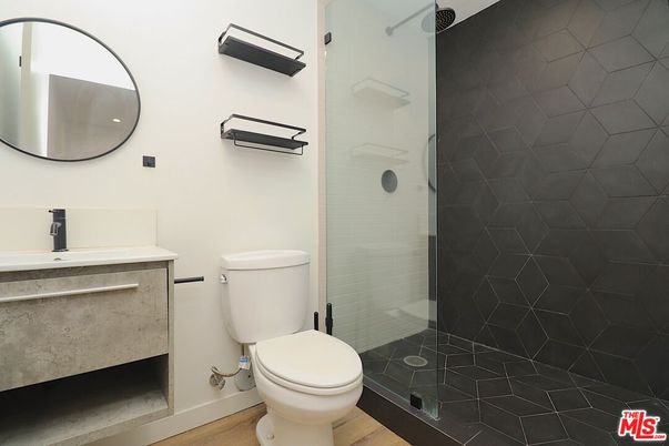 Bathroom, Glass Shower, Interior, Wood Texture Flooring