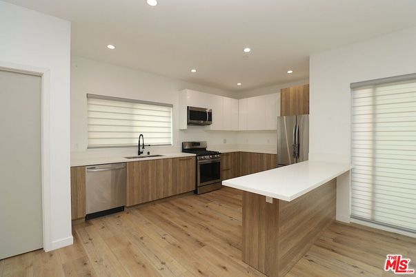 Interior, Kitchen, Recessed Lighting, Stainless Steel Appliances, Wood Texture Flooring