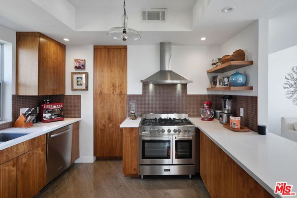Interior, Kitchen, Pendant Lights, Recessed Lighting, Stainless Steel Appliances, Wood Texture Flooring