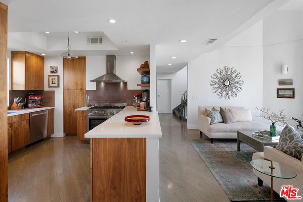 Interior, Kitchen, Living room, Pendant Lights, Recessed Lighting, Stainless Steel Appliances, Wood Texture Flooring