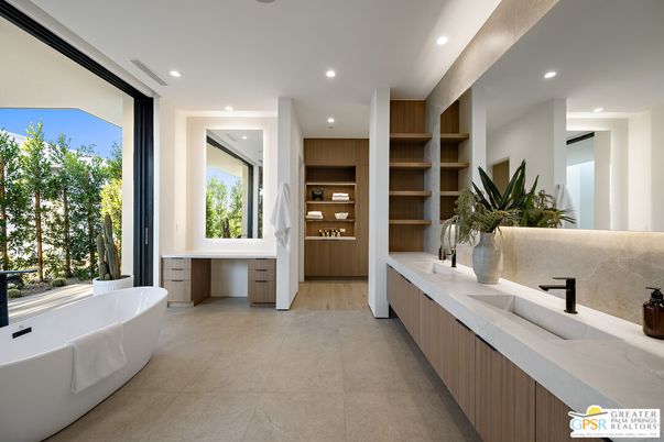 Bathroom, Dual Sink Vanities, Free Standing Baths, Interior, Recessed Lighting, Wood Texture Flooring