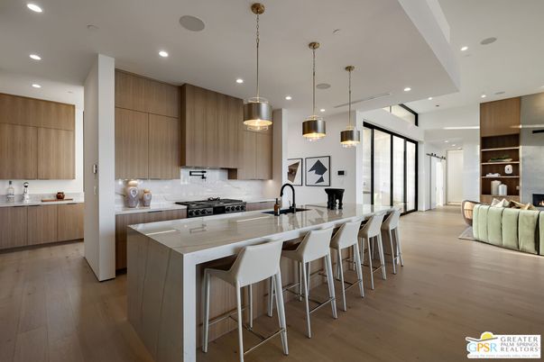 Fireplace, Interior, Kitchen, Pendant Lights, Recessed Lighting, Stainless Steel Appliances, Wood Texture Flooring