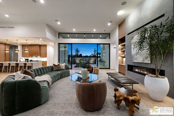 Fireplace, Interior, Kitchen, Living room, Pendant Lights, Recessed Lighting, Wood Texture Flooring