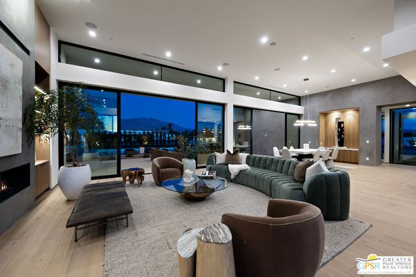 Dining room, Fireplace, Interior, Living room, Pendant Lights, Recessed Lighting, Wood Texture Flooring