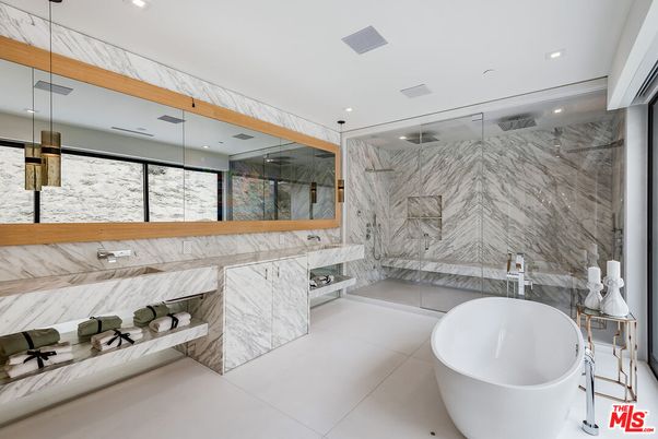 Bathroom, Dual Sink Vanities, Free Standing Baths, Glass Shower, Interior, Marble, Marble Walls, Recessed Lighting
