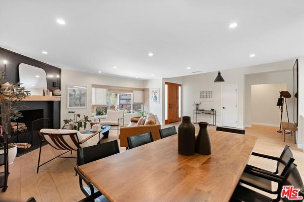 Dining room, Fireplace, Interior, Living room, Pendant Lights, Recessed Lighting, Wood Texture Flooring