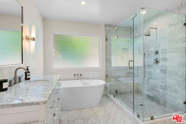 Bathroom, Dual Sink Vanities, Free Standing Baths, Glass Shower, Interior, Marble, Marble Walls, Recessed Lighting
