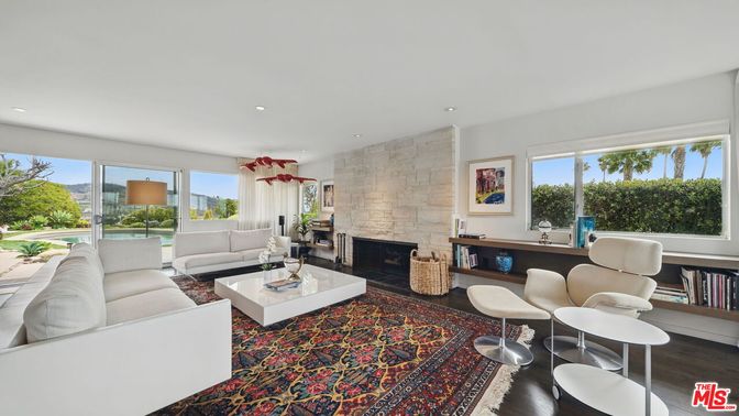 Fireplace, Interior, Living room, Recessed Lighting, Stone Walls, Wood Texture Flooring