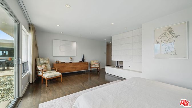 Bedroom, Fireplace, Interior, Recessed Lighting, Wood Texture Flooring