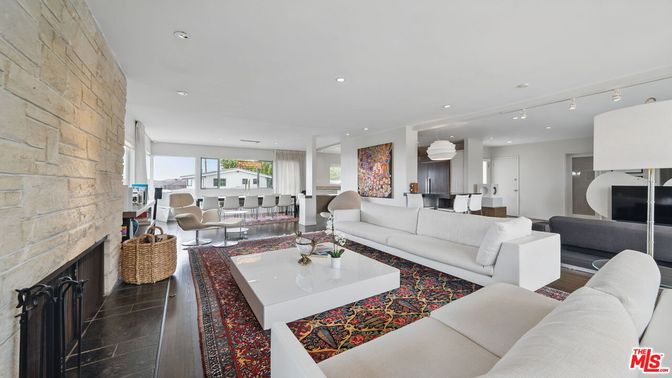 Dining room, Fireplace, Interior, Kitchen, Living room, Recessed Lighting, Stone Walls, Wood Texture Flooring