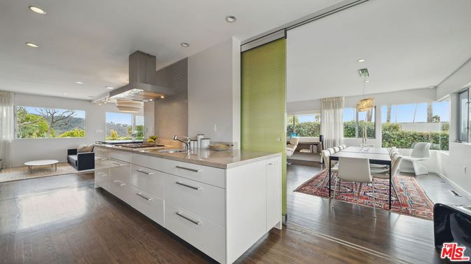 Dining room, Interior, Kitchen, Pendant Lights, Recessed Lighting, Wood Texture Flooring