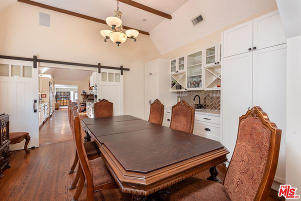Chandelier, Dining room, Interior, Wooden Beams, Wood Texture Flooring