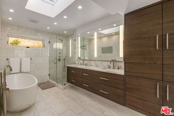 Bathroom, Dual Sink Vanities, Free Standing Baths, Glass Shower, Interior, Marble, Marble Walls, Recessed Lighting