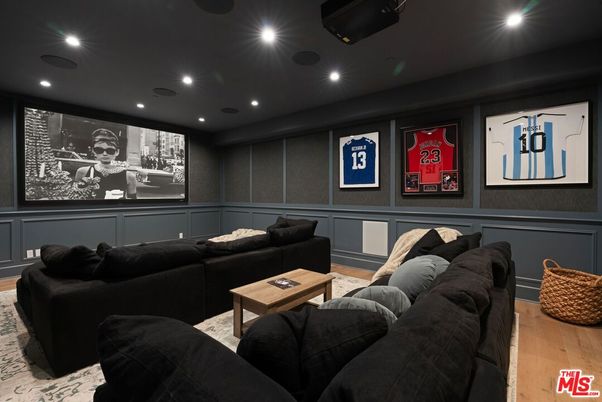 Interior, Living room, Projection Screen, Recessed Lighting, Theatre Room, Wood Texture Flooring