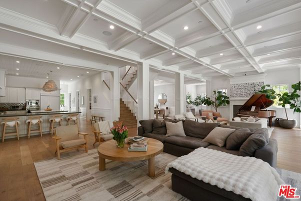 Fireplace, Interior, Kitchen, Living room, Pendant Lights, Recessed Lighting, Stainless Steel Appliances, Wood Texture Flooring