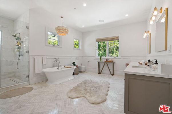 Bathroom, Dual Sink Vanities, Free Standing Baths, Glass Shower, Interior, Marble Walls, Pendant Lights, Recessed Lighting